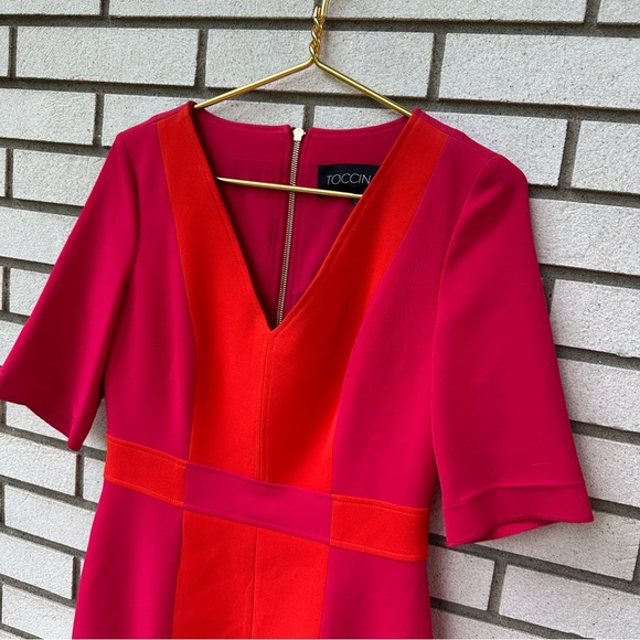 Toccin NY Colorblock V-Neck Sheath Dress Fuchsia Orange Sz 8 Repairable Sleeves - Picture 2 of 11